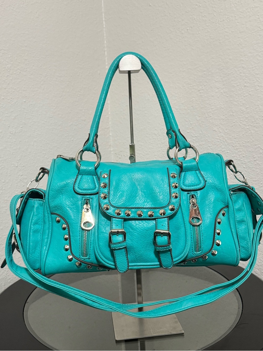 Turquoise Studded Satchel Handbag - Women's Shoulder Bag